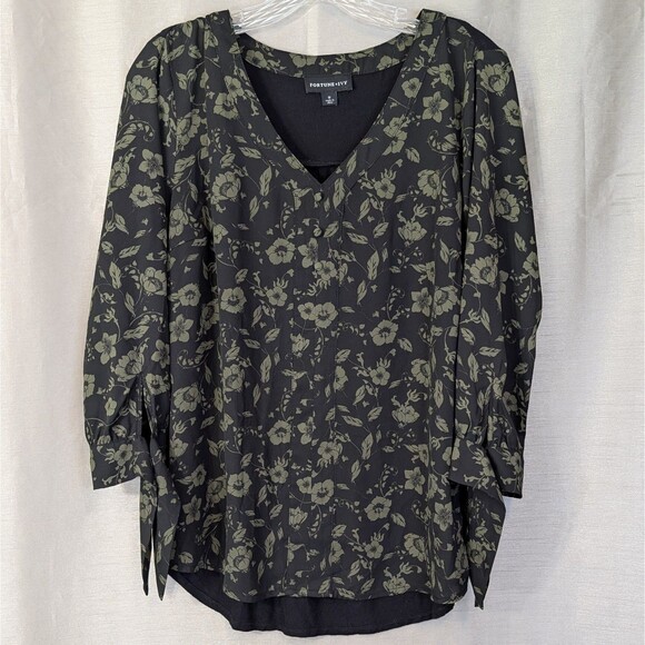 Fortune + Ivy Sz MEDIUM Black & Olive Green Floral Top 3/4 Sleeve Bohemian Tunic - Picture 1 of 13